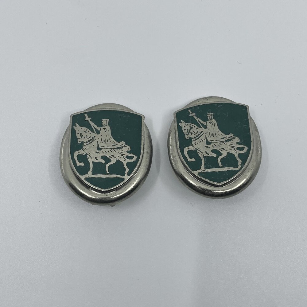 Vintage 1960s Green Enamel & Silver Knight & Horse Shield Clip Earrings